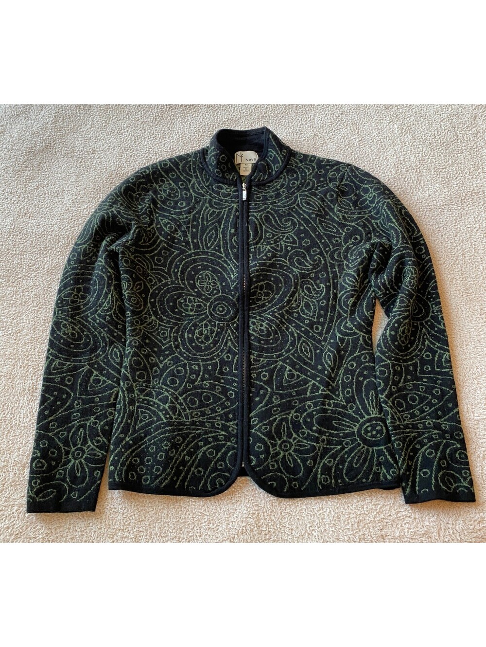 Neve Black Green Floral 100% Wool Full Zip Cardigan Sweater Jacket Women's M